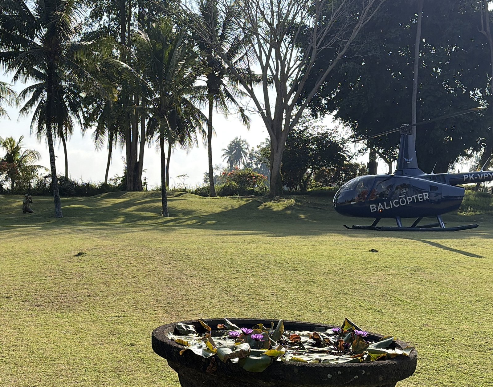 A helicopter on the estate's open lawn, framed by coconut palms