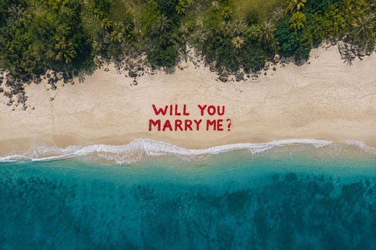 A flower-petal message spelled out on a beach, photographed from the air